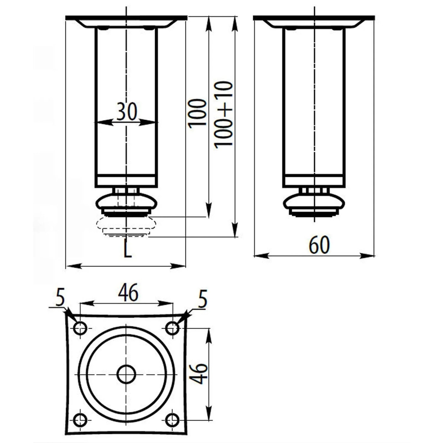 SOTECH Möbelfuß 100 mm mit Höhenverstellung Bis 10 mm Chrom Matt_5