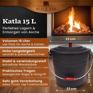 Schwarzer BLACK OAK Ascheeimer KATLA 15L mit Deckel für Kamin und Grill.