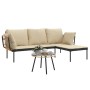 Beige 3-tlg. Garten Lounge Set aus Poly Rattan mit Tisch und L-förmigem Sofa.