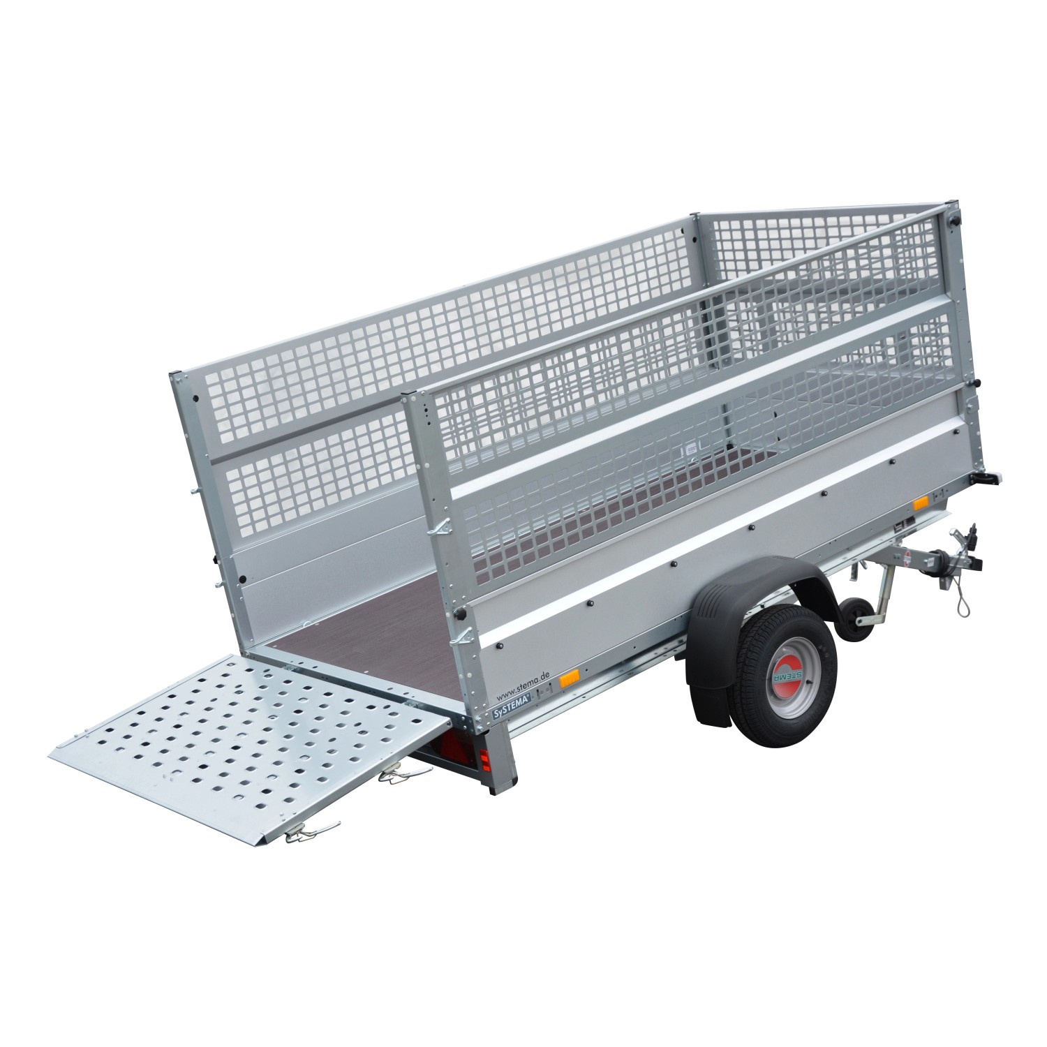 Stema REX 25 Kippanhänger mit Gitteraufsatz und offener Rampe. Autoanhänger für Motorrad- oder Gerätetransport.