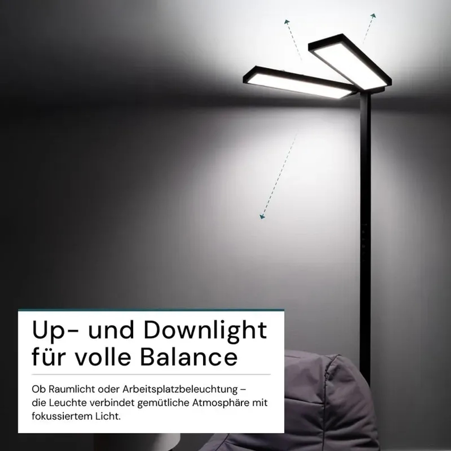 Schwarze LUXULA LED Stehleuchte mit Up- und Downlight für Büro/Homeoffice.