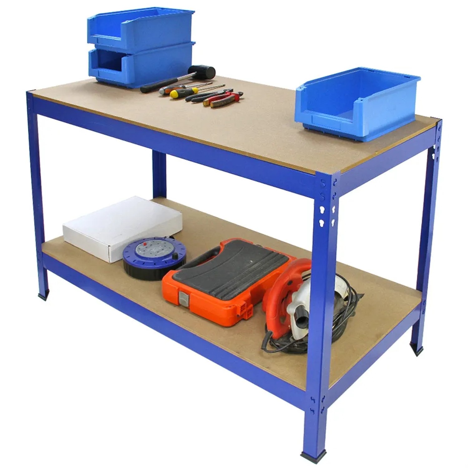 Monstershop Werkbank Q Rax 120cm mit Werkzeug und Zubehör auf zwei Ebenen.