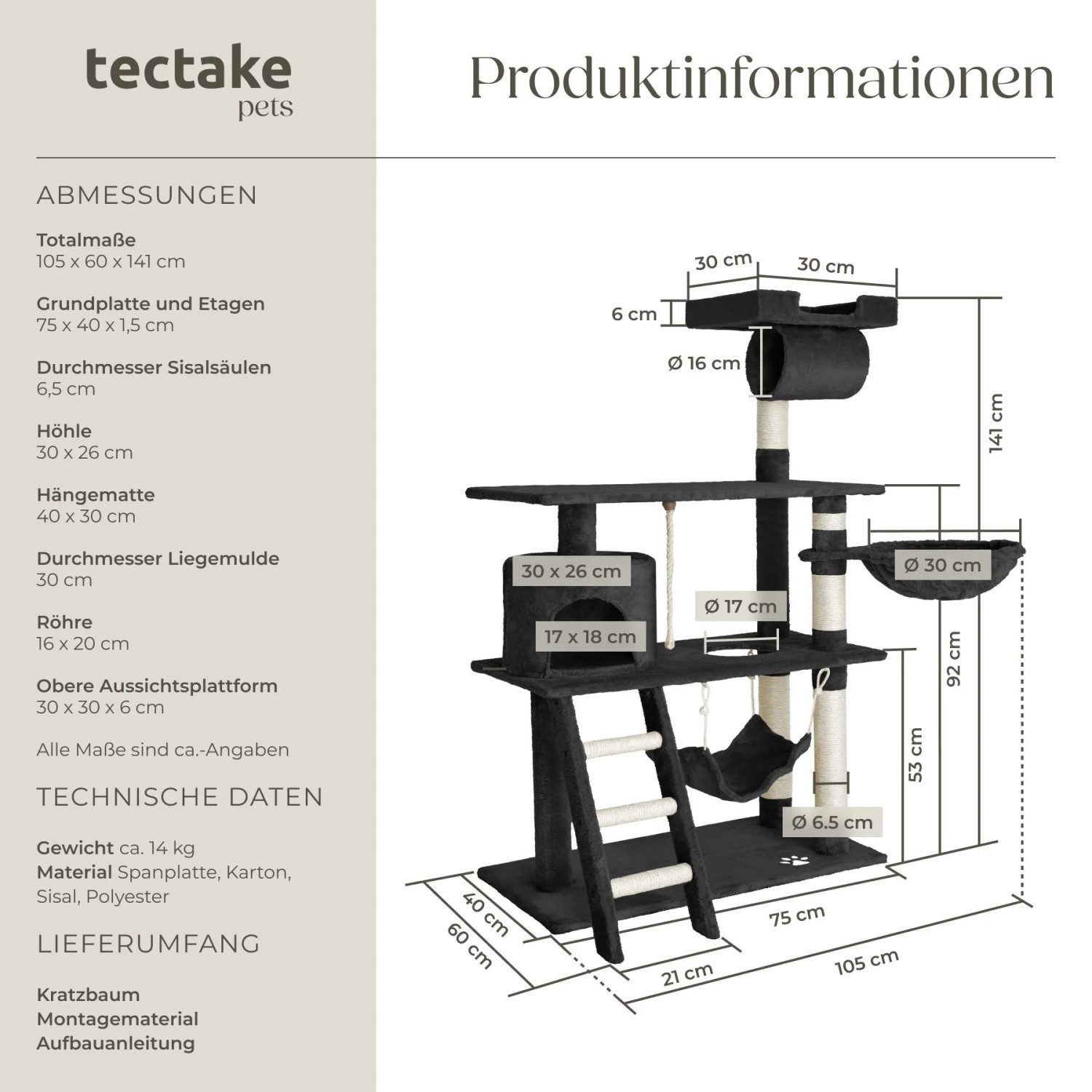 Schwarzer Tectake Kratzbaum Marcel, 141 cm hoch, mit Sisal, Hängematte, Höhle und Liegemulde.