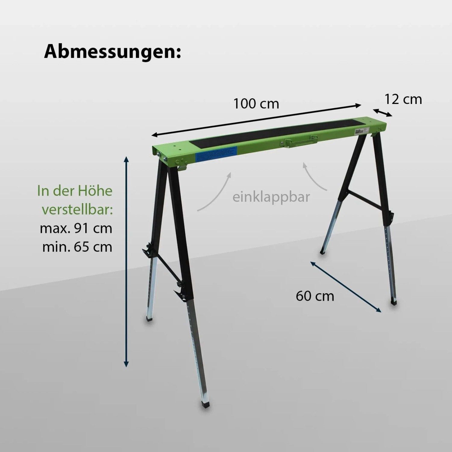 TRUTZHOLM Arbeitsbock, klappbar und höhenverstellbar bis 91cm, mit Maßangaben.