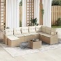 9-teilige Garten-Sofagarnitur aus braunem Poly Rattan mit beigen Kissen und Tisch.