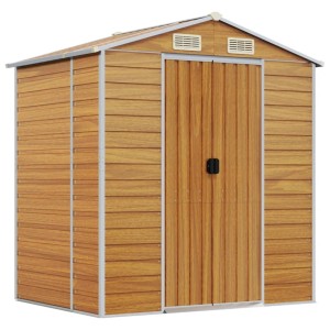 Hellbraunes vidaXL Gerätehaus aus verzinktem Stahl, 191x130x198 cm, mit Doppeltür und Lüftungsgittern.