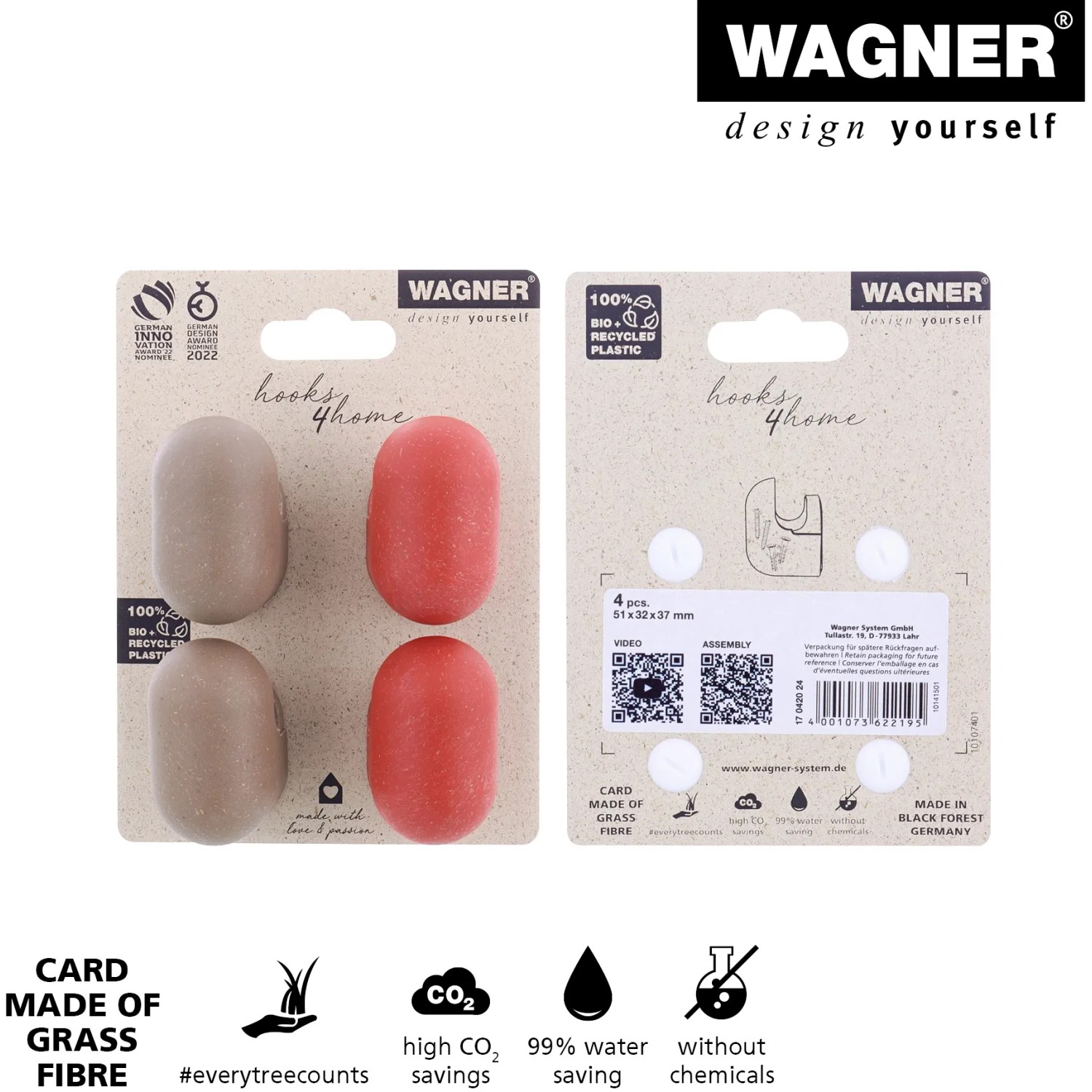 Wagner Wandhaken Set Pill, 4er-Set in Taupe und Korallenrot, aus Bio-Kunststoff zum Schrauben.
