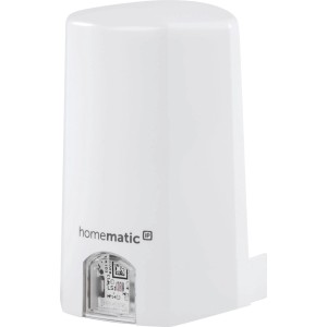 Weißer Homematic IP Lichtsensor für außen, kompakt, mit Logo und transparentem Sensorbereich. Für Hausautomation.