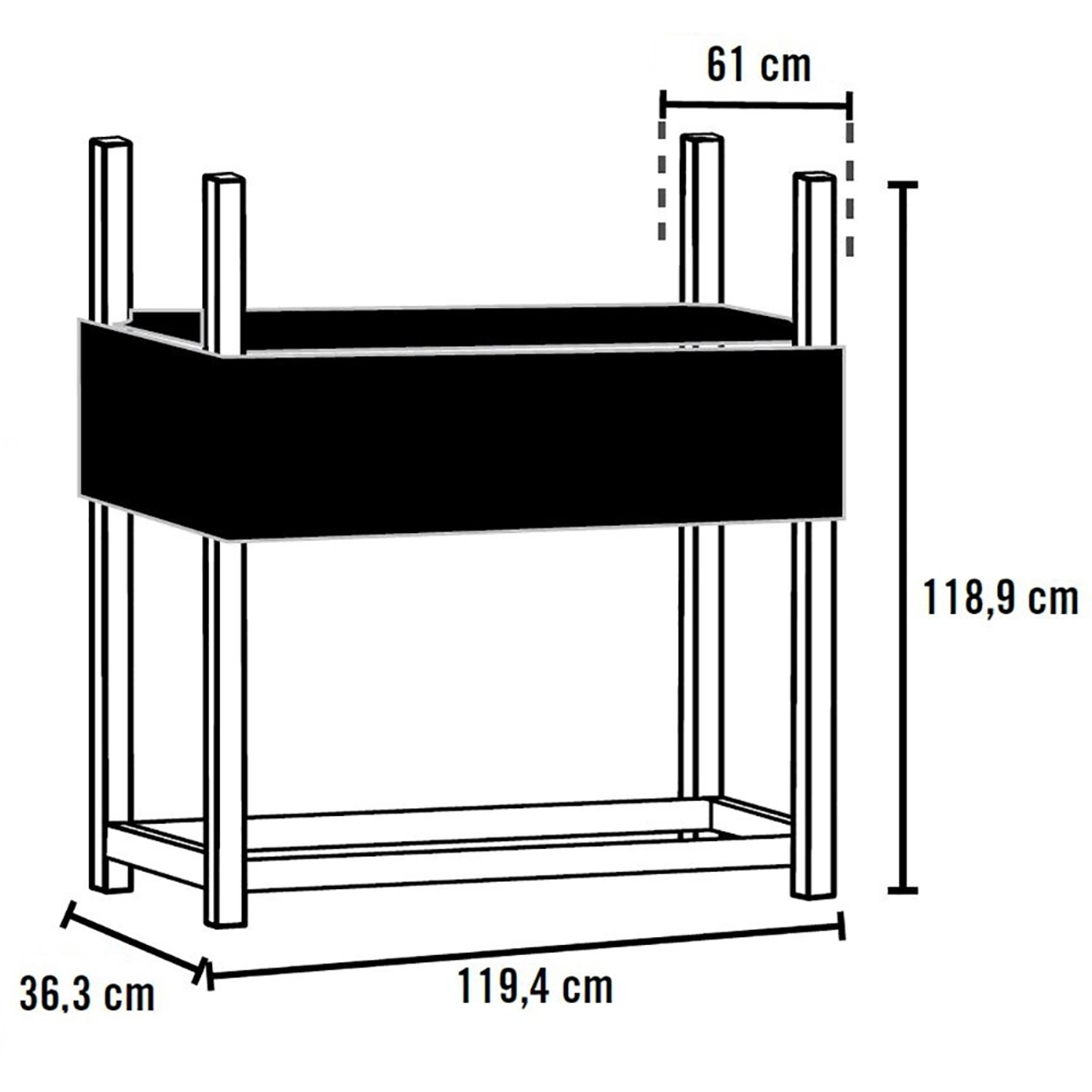 Abbildung des ShelterLogic Kaminholzregals 120 cm x 36 cm mit Maßangaben.