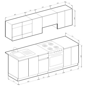 Skizze der Küchenzeile Raul 240 cm in Goldkraft Eiche, J-Form ohne Arbeitsplatte mit LED.