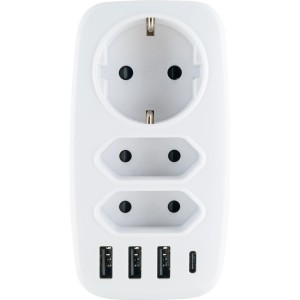 Schwaiger Adapter Schuko/Eurostecker mit USB-A und USB-C Anschlüssen, weiß.