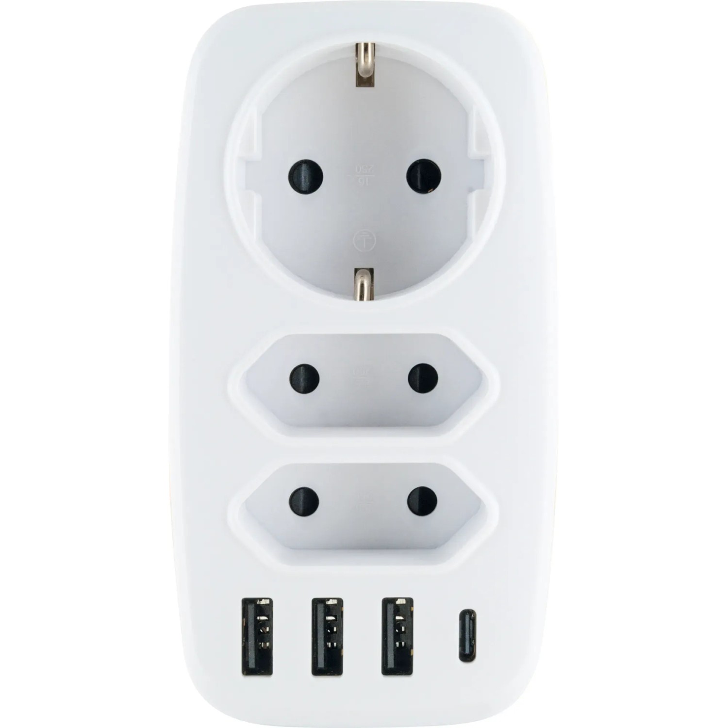 Schwaiger Adapter Schuko/Eurostecker mit USB-A und USB-C Anschlüssen, weiß.