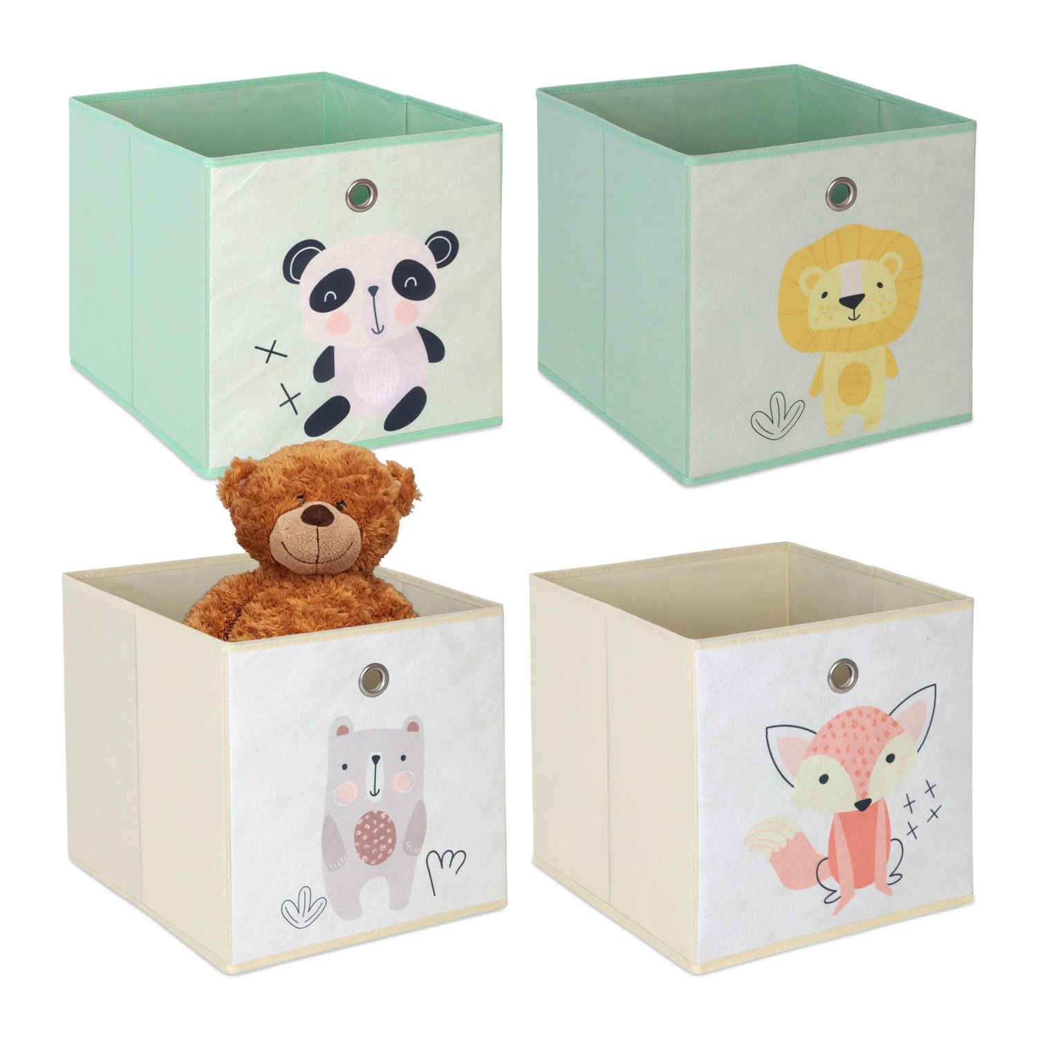 Relaxdays Aufbewahrungsboxen für Kinder 4er Set Vlies Pappe Stahl Bunt Faltbar 30 cm x 30 cm x 30 cm