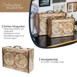 HMF VKO104 Vintage Vintage Koffer Truhe Holzkiste Holz 44 x 32 x 16 cm Deko Weltkarte Farbe