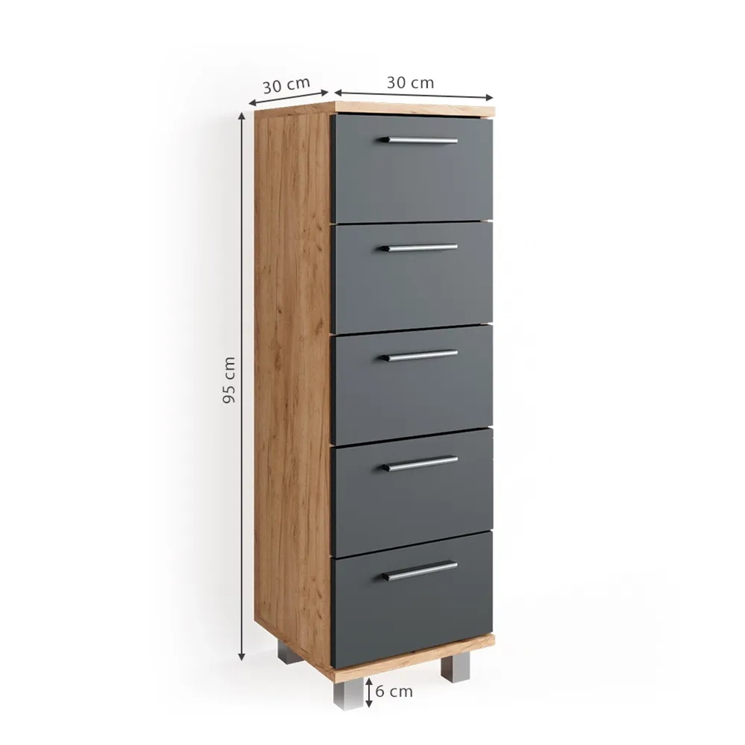 Vicco Badschrank Ilias in Eiche/Anthrazit, 30x95 cm, mit 5 Schubladen für Badutensilien.