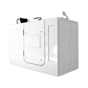 Weiße AquaVapore Senioren Sitzbadewanne 140cm mit Tür und Armaturen.