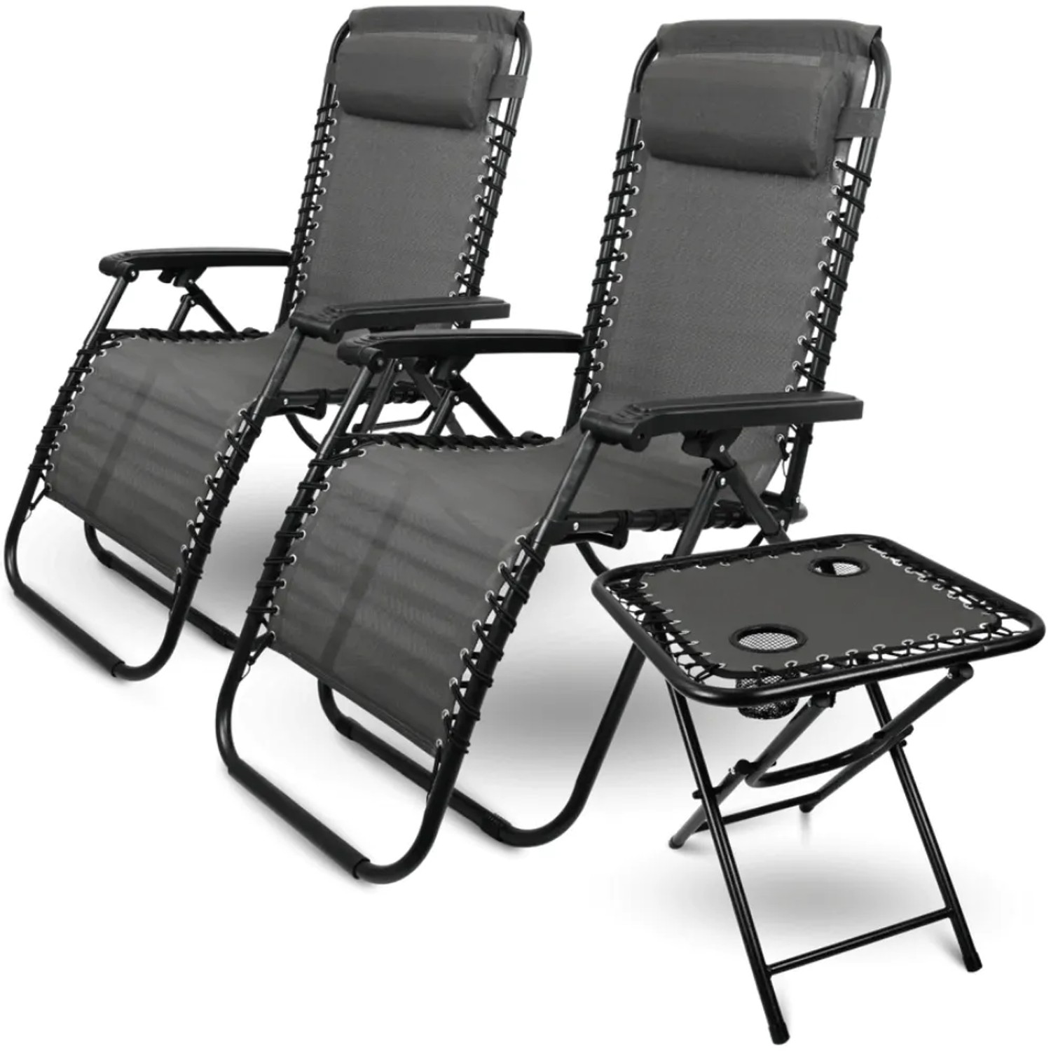 DELUKE 2er Set Liegestuhl Klappbar BRUK Mit Klapptisch Gartenstühle Hochlehner mit Kopfkissen Campingstuhl Wetterfest Klappstuhl Anthrazit