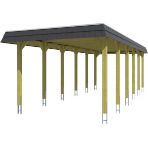 Skan Holz Carport Spreewald mit schwarzer Blende, Holzkonstruktion mit flachem Dach und 12 Pfosten.
