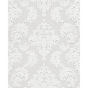 Weiße Rasch Vliestapete Wallton mit barockem Ornamentmuster, geeignet zum Überstreichen.