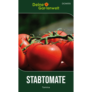 Samenpackung Stabtomaten Tamina mit reifen roten Tomaten am Strauch. Gemüsesamen für hohen Ertrag im Garten.