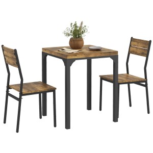 Rustikal-braune HOMCOM Essgruppe aus MDF und Metall, bestehend aus Tisch und zwei Stühlen.