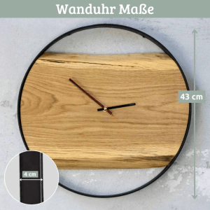 DELUKE Wanduhr Groß Holz NATA HANDGEFERTIGT 43cm Ø Eiche Geräuschlos Wohnzimmeruhr Holz-Metalloptik Küchenuhr Dekouhr