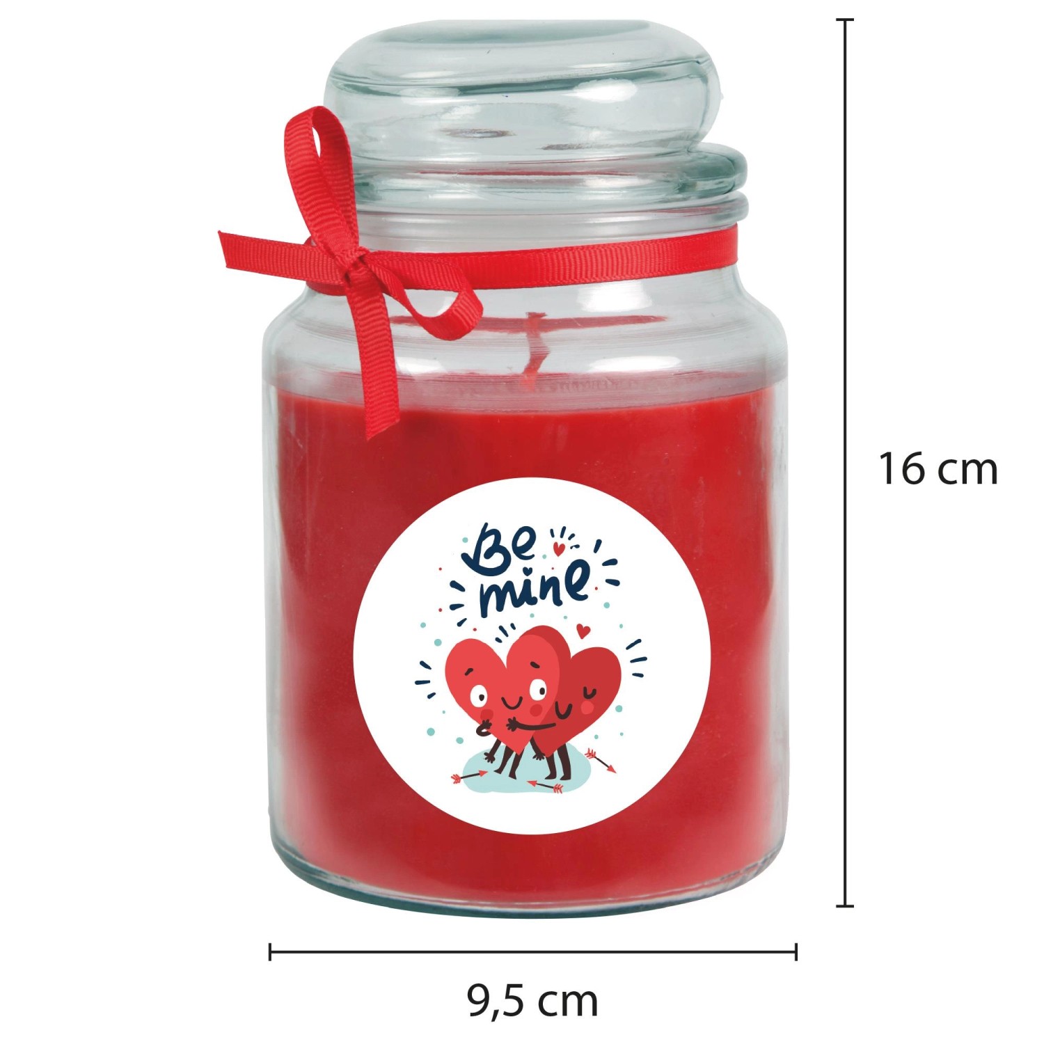 Rote Duftkerze im Glas mit "Be Mine" Motiv und Schleife, Valentinstagsgeschenk.