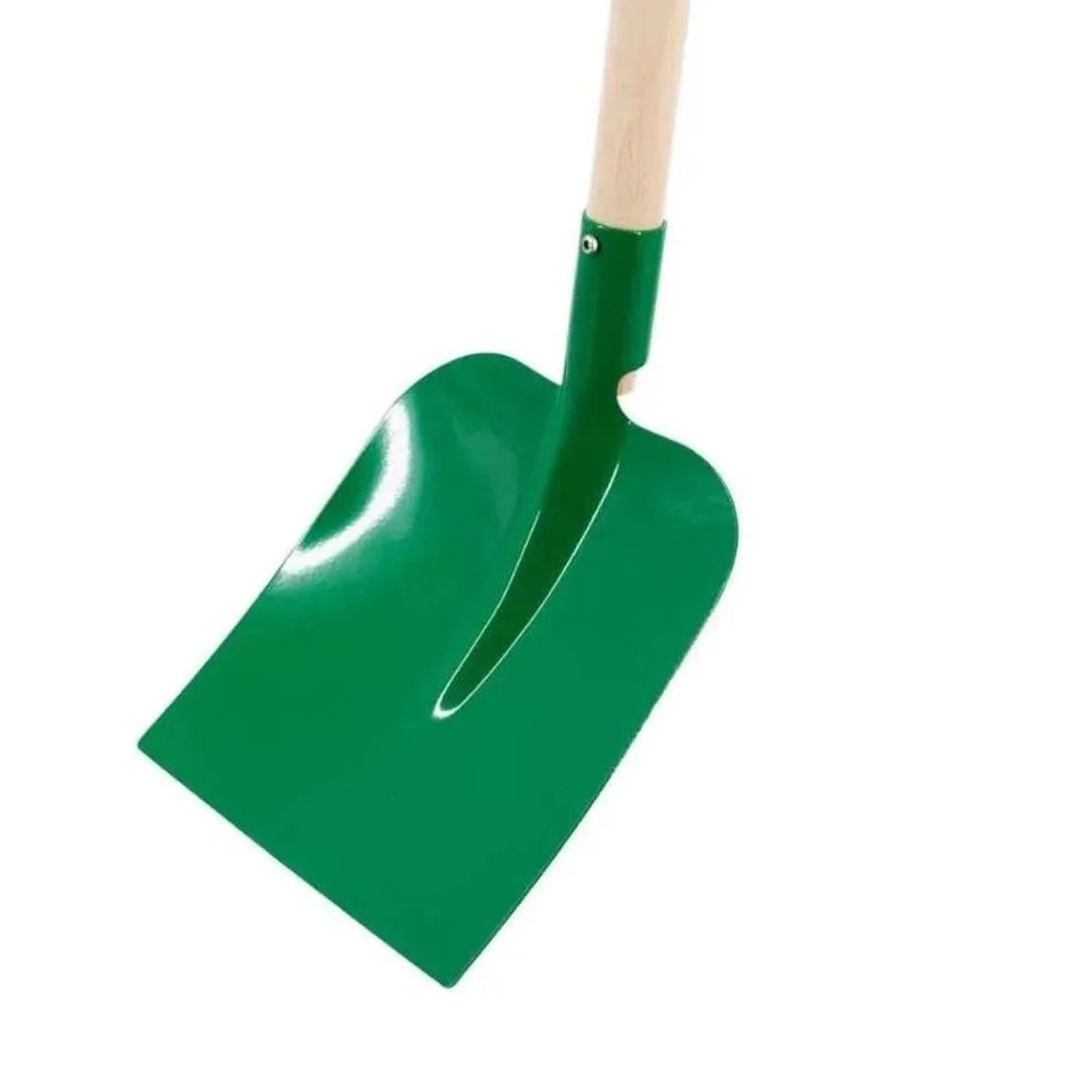 Grüne Kinderschaufel aus Metall mit robustem Holzstiel, ideal für Kinder-Gartengeräte.