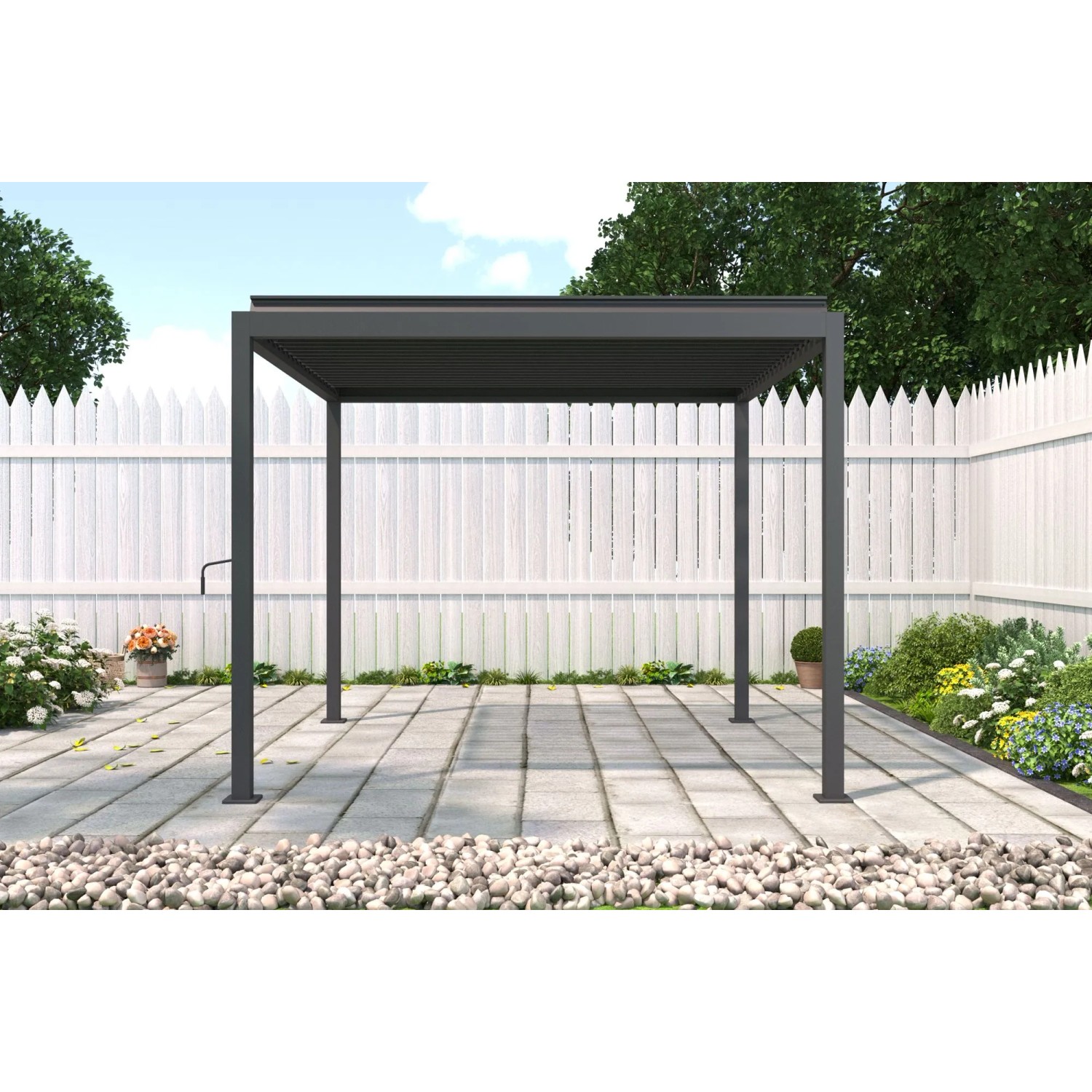 MWH Pergola Origin 88 Anthrazit 3x3m mit verstellbarem Lamellendach auf gepflasterter Terrasse im Garten.