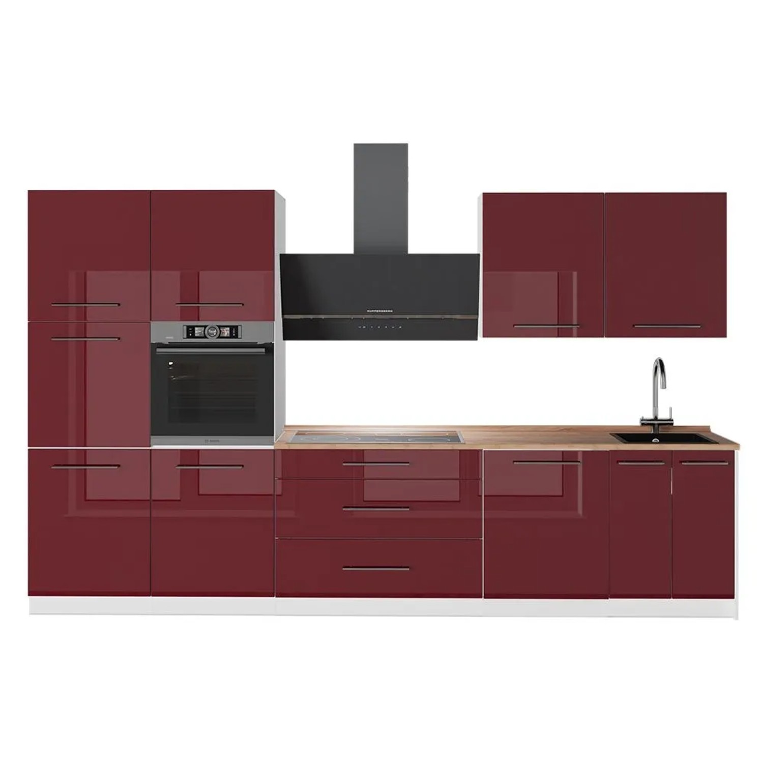 Vicco Küchenzeile Fame-Line Bordeaux Hochglanz/Weiß 340 x 207 AP Eiche Art Nr 64636