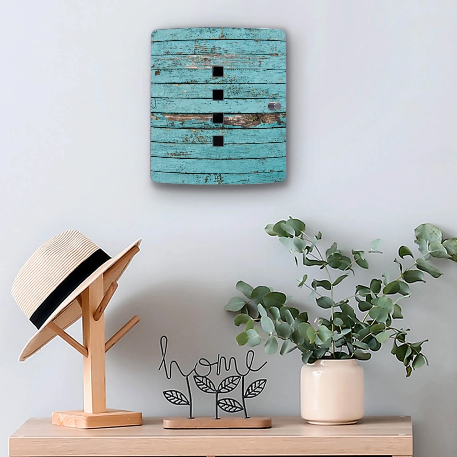 Banjado Schlüsselkasten Edelstahl, Motiv blaue Holzlatten, für 10 Schlüssel. Praktische Garderobenleiste.