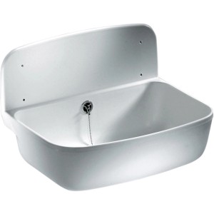 Weißes Wandausgussbecken aus Kunststoff, 49,5x34,5 cm, mit Überlauf, Sieb, Stopfen und Befestigung.