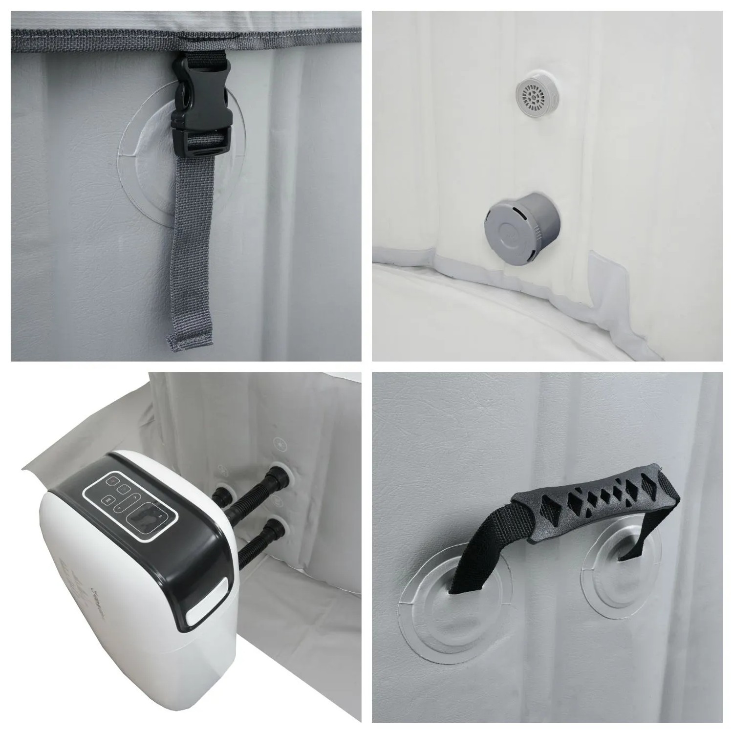 Details des grauen, aufblasbaren MCW Whirlpools N97 für 4 Personen: Verschluss, Düsen, Pumpe, Tragegriff.