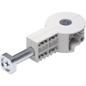 Weißer vasalat Arbeitsplattenverbinder M8x64 mm aus Kunststoff und Stahl, ideal für unsichtbare Plattenverbindungen.