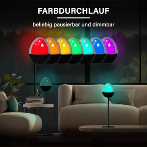 MegaLight Ovo Pure LED-Akku-Tischleuchte mit RGB-Farbwechsel in verschiedenen Farben im Wohnzimmer. Dimmbar, Indoor & Outdoor.