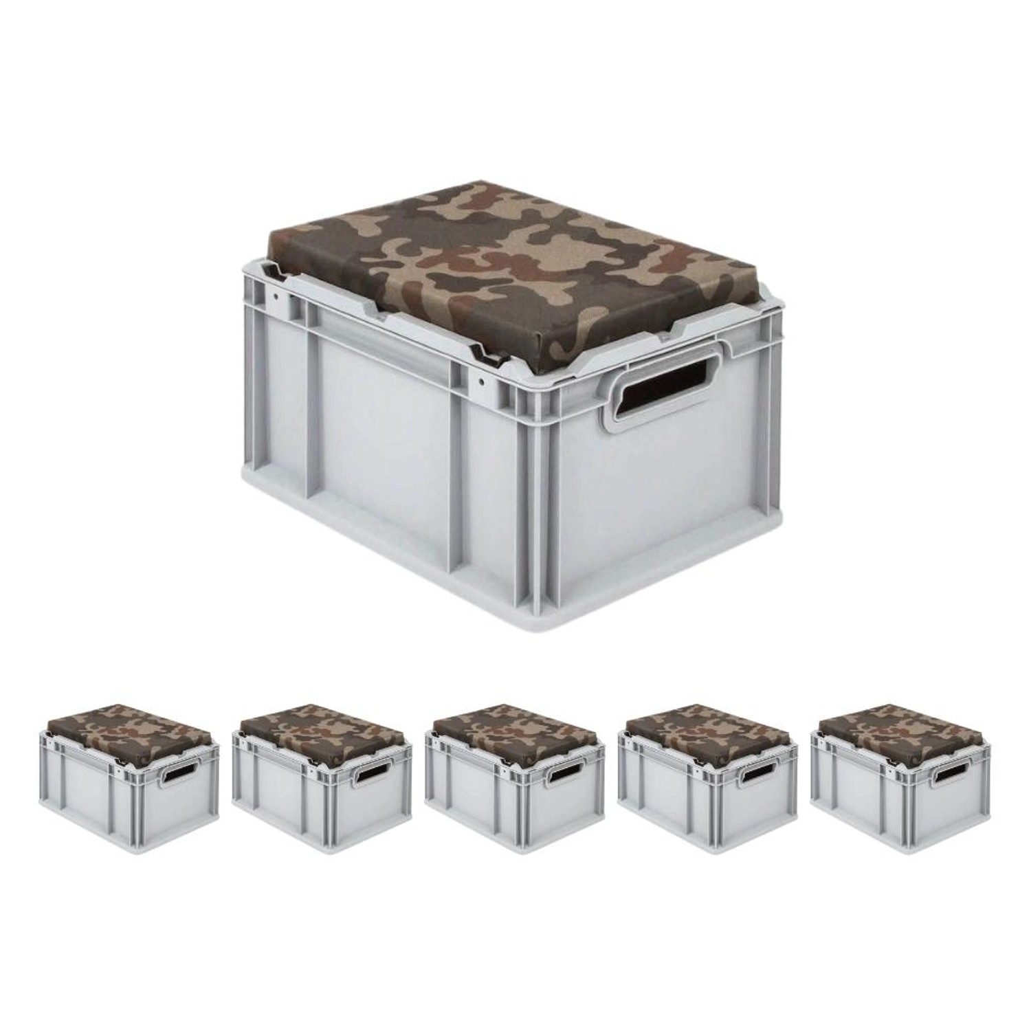 Thumbnail - SparSet 6 x Eurobox NextGen Seat Box Camouflage HxBxT 26,5 x 30 x 40 cm 20 Liter Griffe Offen Eurobehälter Sitzbox Trans...