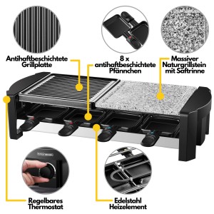 Steinborg SB-2140 Raclette Grill für 8 Personen mit Kombinierter Grillfläche 1300 Watt