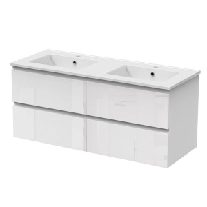 Weißer Hochglanz Waschtisch 120cm mit zwei Keramik-Waschbecken und grifflosen Schubladen. Modernes Badmöbel Set.