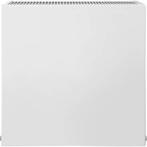 Weißer Heizkörper mit glatter Oberfläche und Mittelanschluss, 60x60 cm. Modern und effizient.