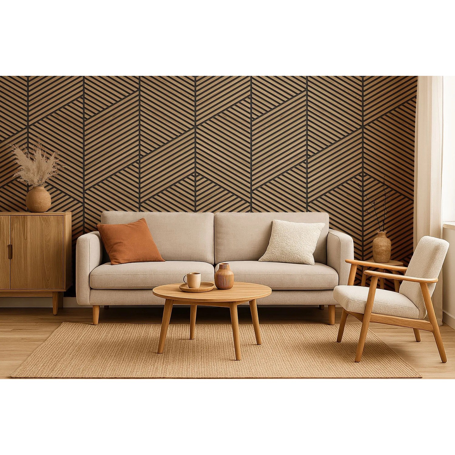 Wohnraum mit Grosfillex Wandpaneel Linio Graphic Light Oak in 3D Optik als Wandverkleidung.