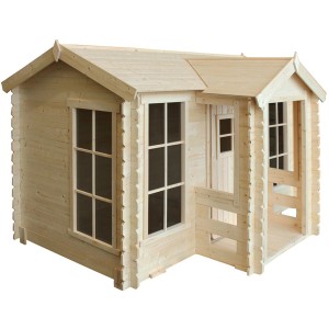 Timbela Kinderspielhaus M520 aus Holz mit Boden, Villa-Design und großen Fenstern.