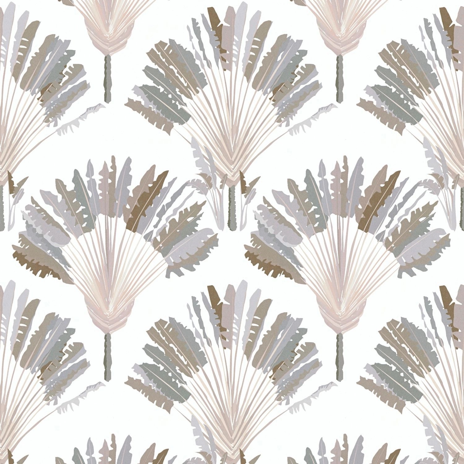 Grau-braune Vliestapete mit Palmenmuster, matte Optik. Dekorative Tapete für Wohnräume.