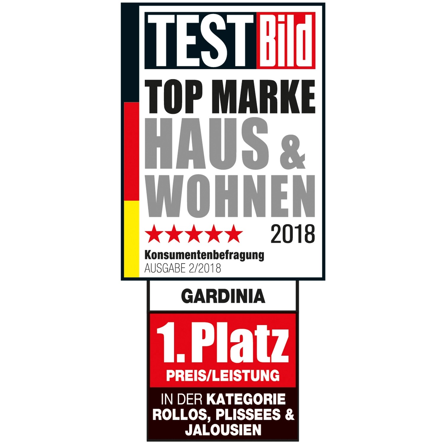 Auszeichnung für Gardinia Easyfix Doppelrollo: Top Marke Haus & Wohnen, 1. Platz Preis/Leistung Rollos.