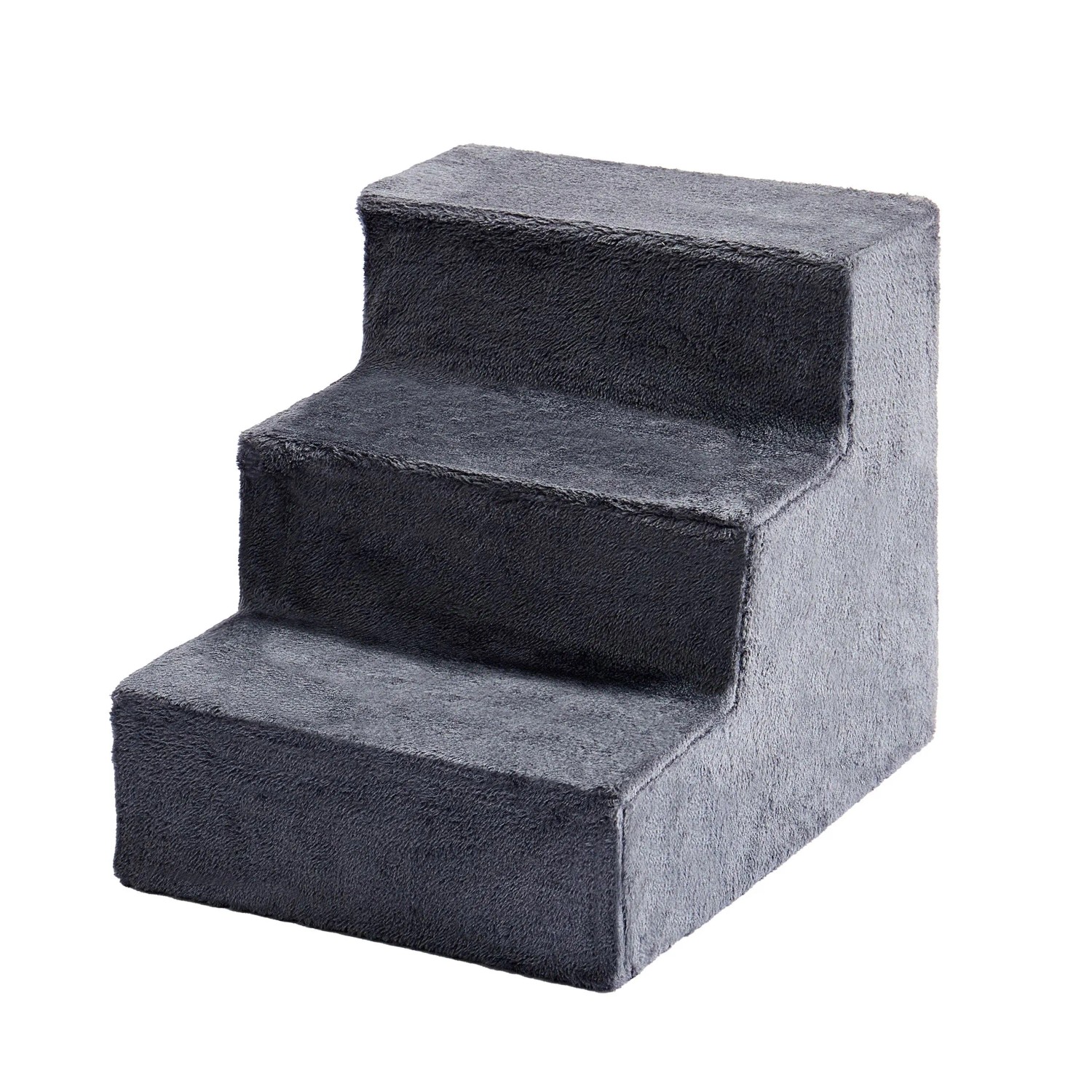 Graue, 3-stufige Hundetreppe aus MDF mit weichem Polyesterbezug. Ideal als Aufstiegshilfe für Haustiere auf Couch oder Bett.