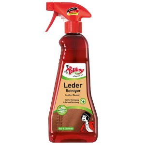 Poliboy Leder Reiniger 375ml in roter Sprühflasche für die Pflege von Ledermöbeln, Schuhen und Accessoires.