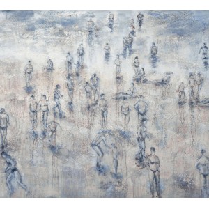 Bricoflor Vlies Fototapete: Menschen am Strand im Gemälde-Stil, blau-beige. Maritime Vliestapete für Wohn- und Schlafzimmer.