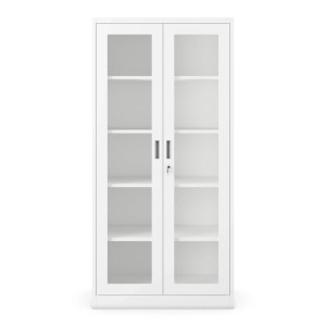 Weißer JAN NOWAK Aktenschrank AMELIA mit zwei Glastüren, Schloss und vier verstellbaren Einlegeböden.
