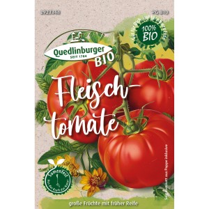 Samentüte Quedlinburger Bio-Fleischtomate Rot mit Abbildung von roten Tomaten an der Rispe.