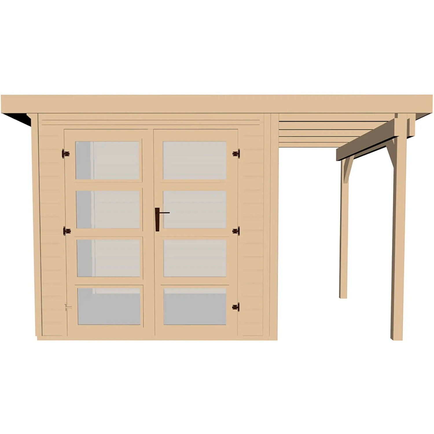 Weka Holz-Gartenhaus Pesaro, unbehandelt, mit Flachdach und Anbau. Ideal zur Gartengeräte Aufbewahrung.