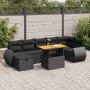 Schwarze 5-tlg. vidaXL Garten-Sofagarnitur aus Polyrattan mit Akazientisch und Kissen.